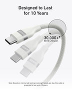 Three white Anker USB-C to USB-C Cables (3 ft/6 ft, 240W, Upcycled-Braided), one marked “30,000+ Bend Lifespan.” Above: “Designed to Last for 10 Years.”.