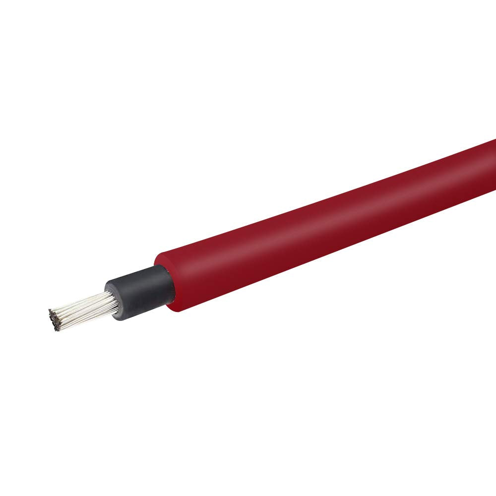 A close-up view of the Renogy 20 ft 12 AWG Solar Panel Extension Cable Set—featuring red insulation with exposed silver strands at one end and equipped with MC4 male and female connectors—designed for use as a solar panel extension cable in off-grid solar systems, and built to be UV and weather resistant.
