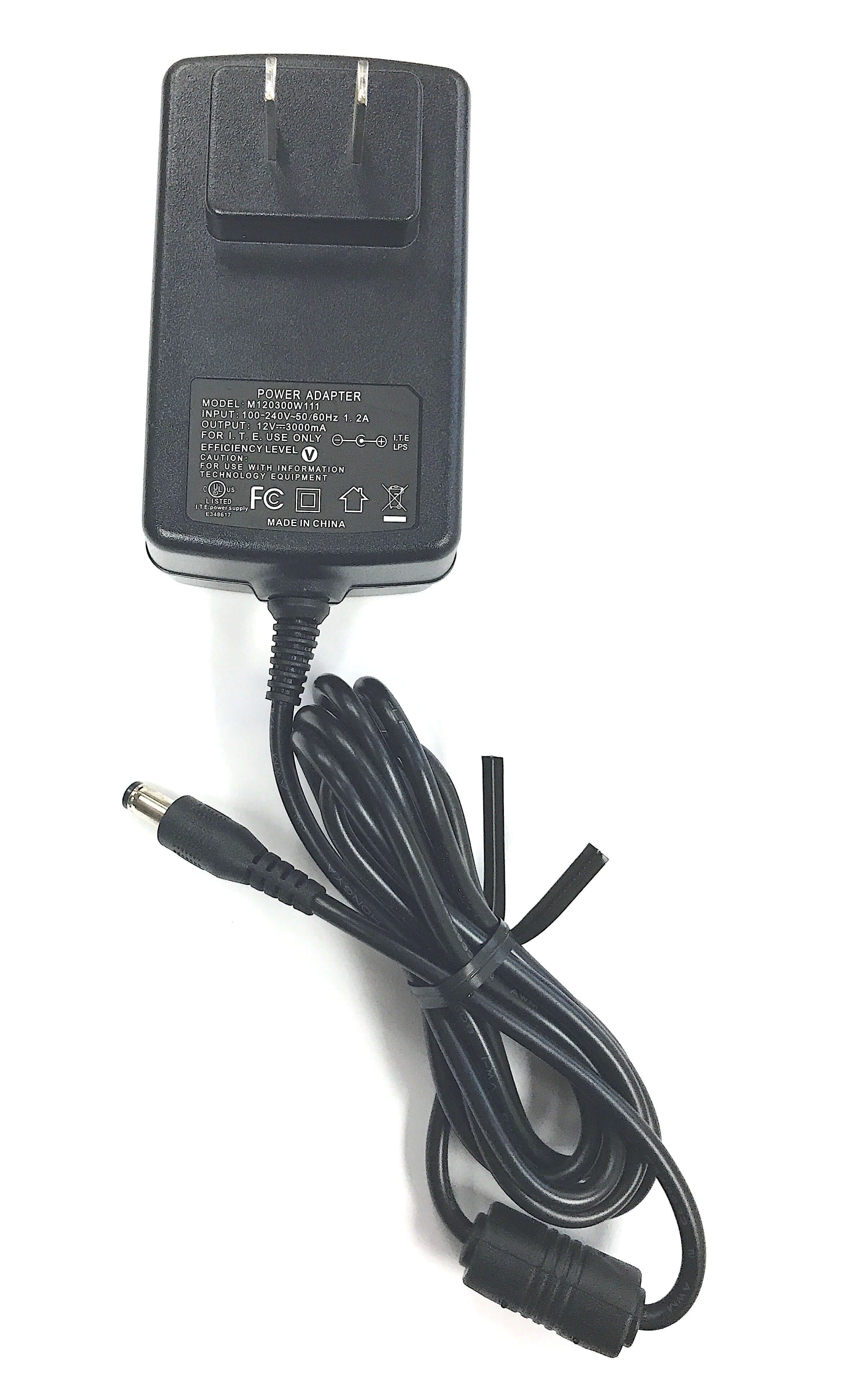 A Naxa AC Adapter Power Supply Charger for LED LCD TVs and TV-DVD Televisions up to 15" (12V, 3A, 36W, 2.1mm x 5.5mm) with a black two-prong plug and long cord ending in a cylindrical connector on a white background.