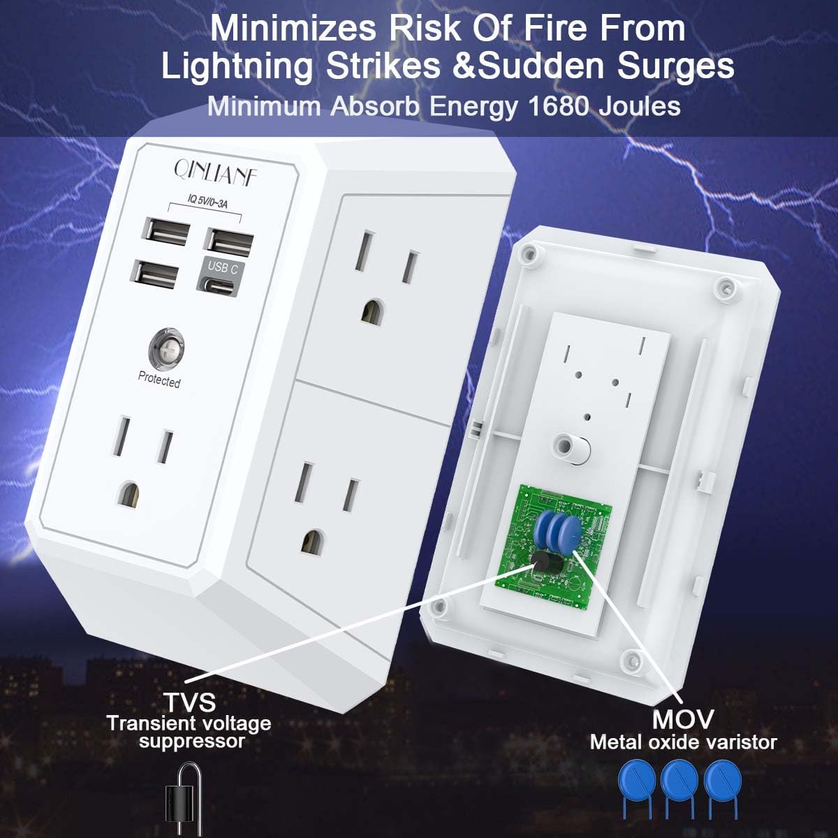 5-Outlet Wall Surge Protector with USB – 1680 Joules, 5 AC Outlets, 3 USB-A & USB-C Charging Ports, Wall Outlet Extender - Dynamic Power Supply - Surge Protector Wall Charger
