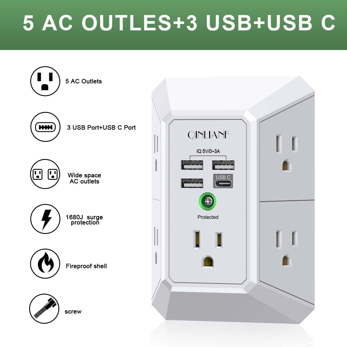 5-Outlet Wall Surge Protector with USB – 1680 Joules, 5 AC Outlets, 3 USB-A & USB-C Charging Ports, Wall Outlet Extender - Dynamic Power Supply - Surge Protector Wall Charger