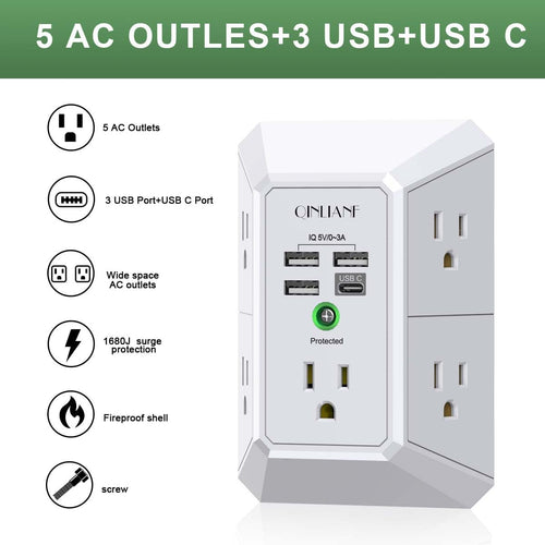 5-Outlet Wall Surge Protector with USB – 1680 Joules, 5 AC Outlets, 3 USB-A & USB-C Charging Ports, Wall Outlet Extender - Dynamic Power Supply - Surge Protector Wall Charger