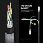 A cross-section of the Spigen DuraSync 60W USB C to USB C High Speed Fast Charging Cable (4.9FT, 2 Pack) shows its durable internal wires, boasting ultimate durability and withstanding over 30,000 bends. The full cable is also displayed.