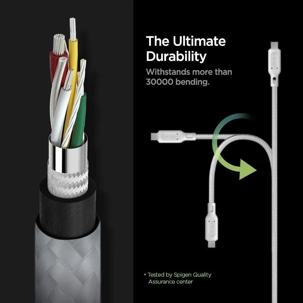 A cross-section of the Spigen DuraSync 60W USB C to USB C High Speed Fast Charging Cable (4.9FT, 2 Pack) shows its durable internal wires, boasting ultimate durability and withstanding over 30,000 bends. The full cable is also displayed.