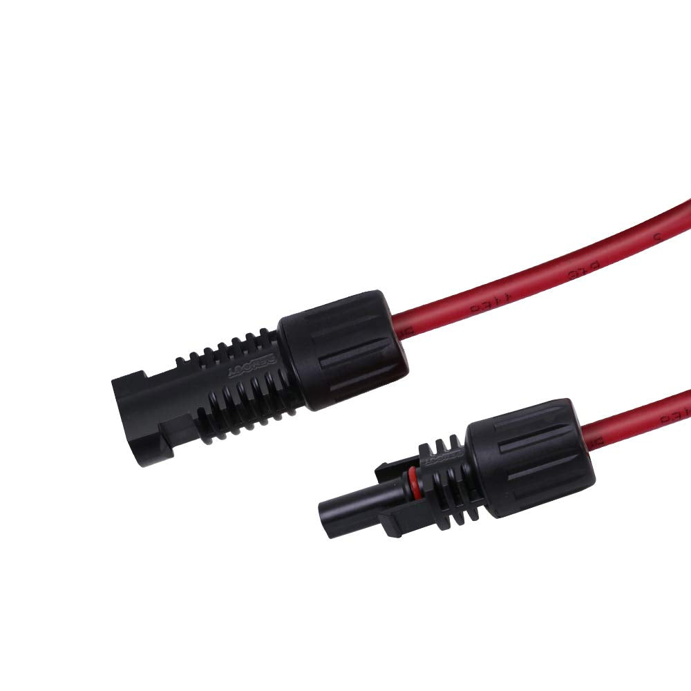 A pair of Renogy 20 ft 12 AWG red solar panel extension cables with black MC4 male and female connectors are shown on a white background. These UV and weather-resistant cables feature MC4 connectors positioned close together but not connected, making them ideal for linking components in off-grid solar systems.