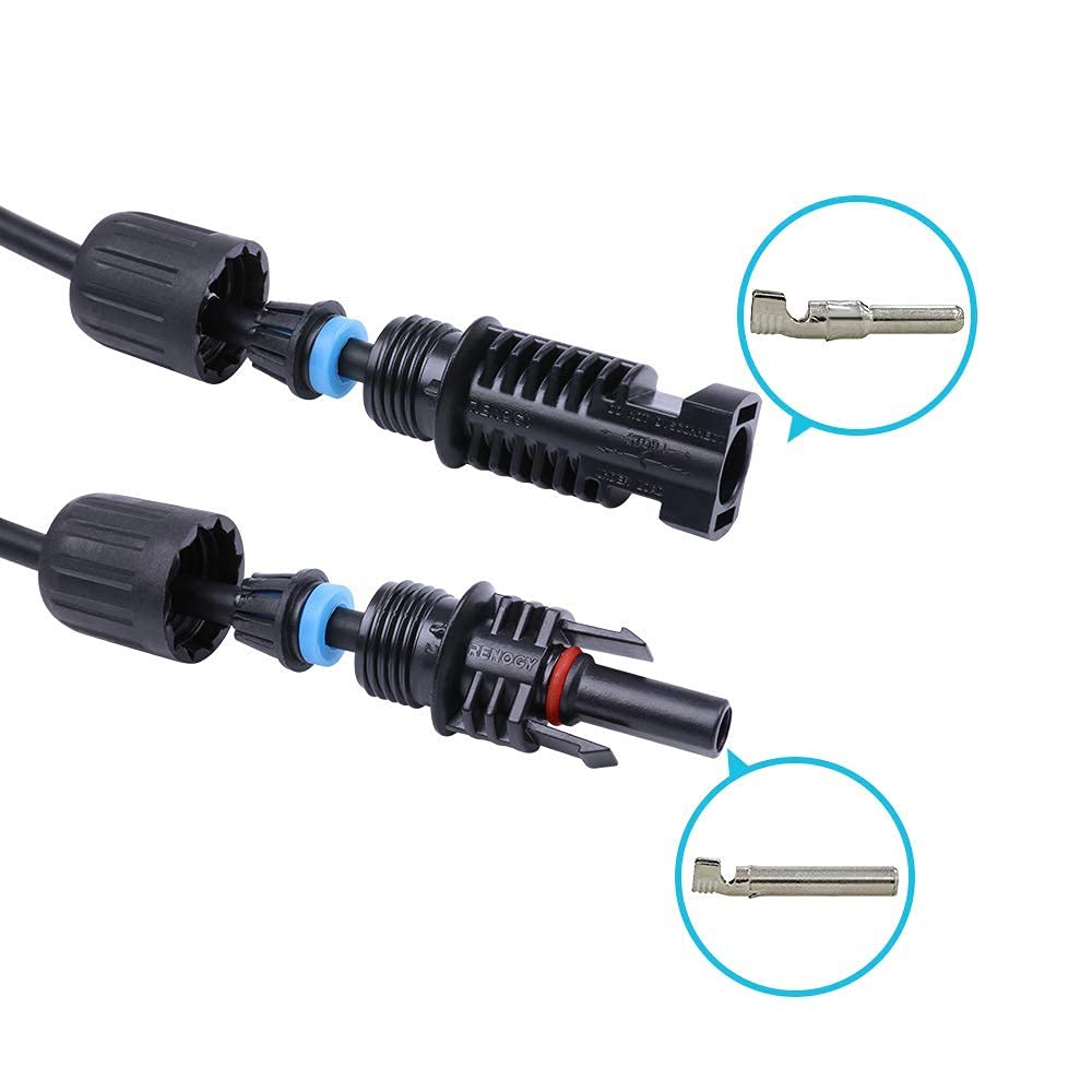 A pair of Renogy 20 ft 12 AWG Solar Panel Extension Cables with black MC4 male and female connectors, each featuring screw caps and detailed close-up views of the metal internal terminals. The connectors are prepared to easily join for a secure electrical connection, making this UV & weather resistant set ideal for extending solar panel wiring in off-grid solar systems.