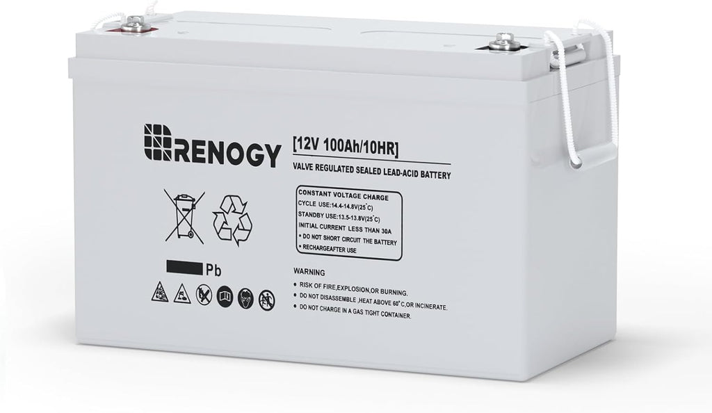 The Renogy 12V 100Ah Deep Cycle AGM Battery is a maintenance-free, sealed lead-acid battery featuring a durable white casing, rope handles for easy transport, and side-printed specifications, symbols, and warnings—making it ideal for solar energy storage solutions.