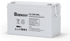 The Renogy 12V 100Ah Deep Cycle AGM Battery is a maintenance-free, sealed lead-acid battery featuring a durable white casing, rope handles for easy transport, and side-printed specifications, symbols, and warnings—making it ideal for solar energy storage solutions.