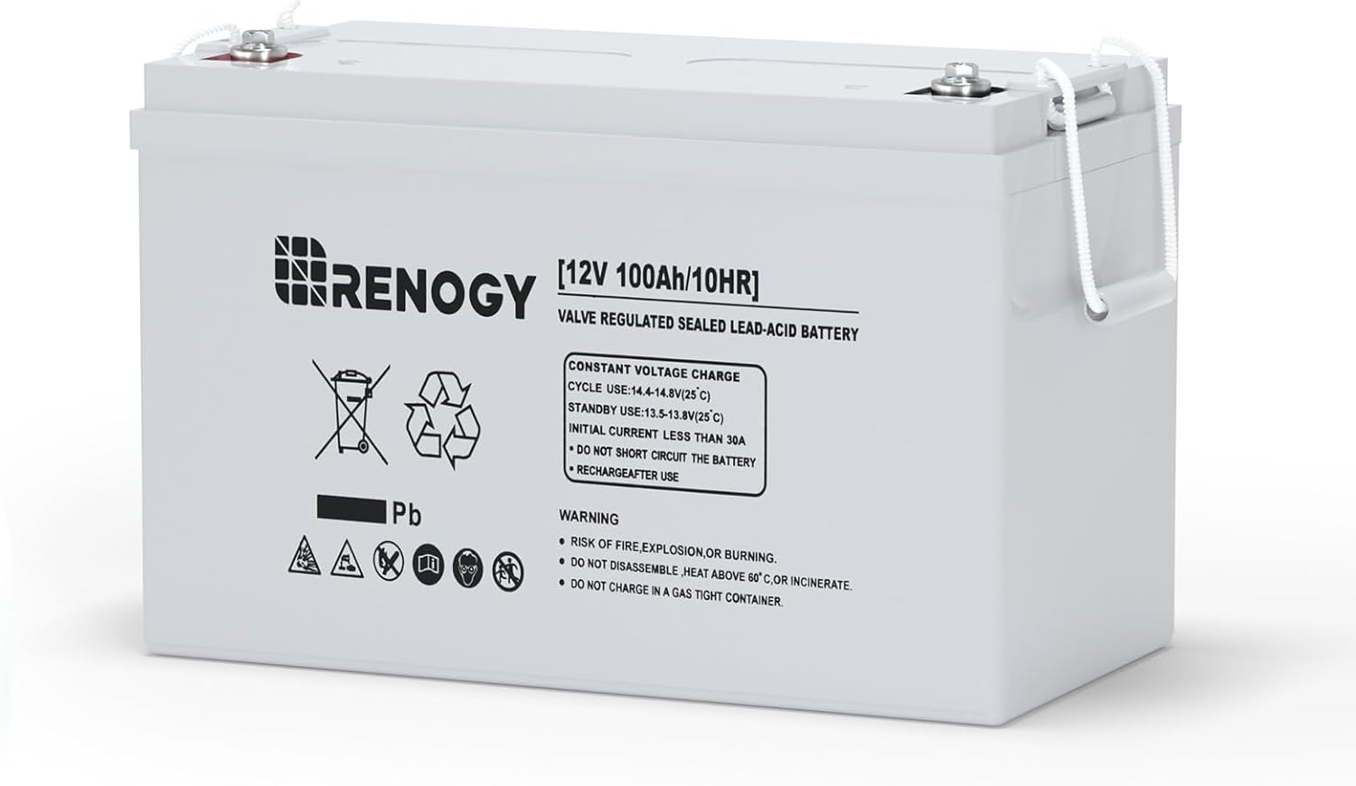 The Renogy 12V 100Ah Deep Cycle AGM Battery is a maintenance-free, sealed lead-acid battery featuring a durable white casing, rope handles for easy transport, and side-printed specifications, symbols, and warnings—making it ideal for solar energy storage solutions.