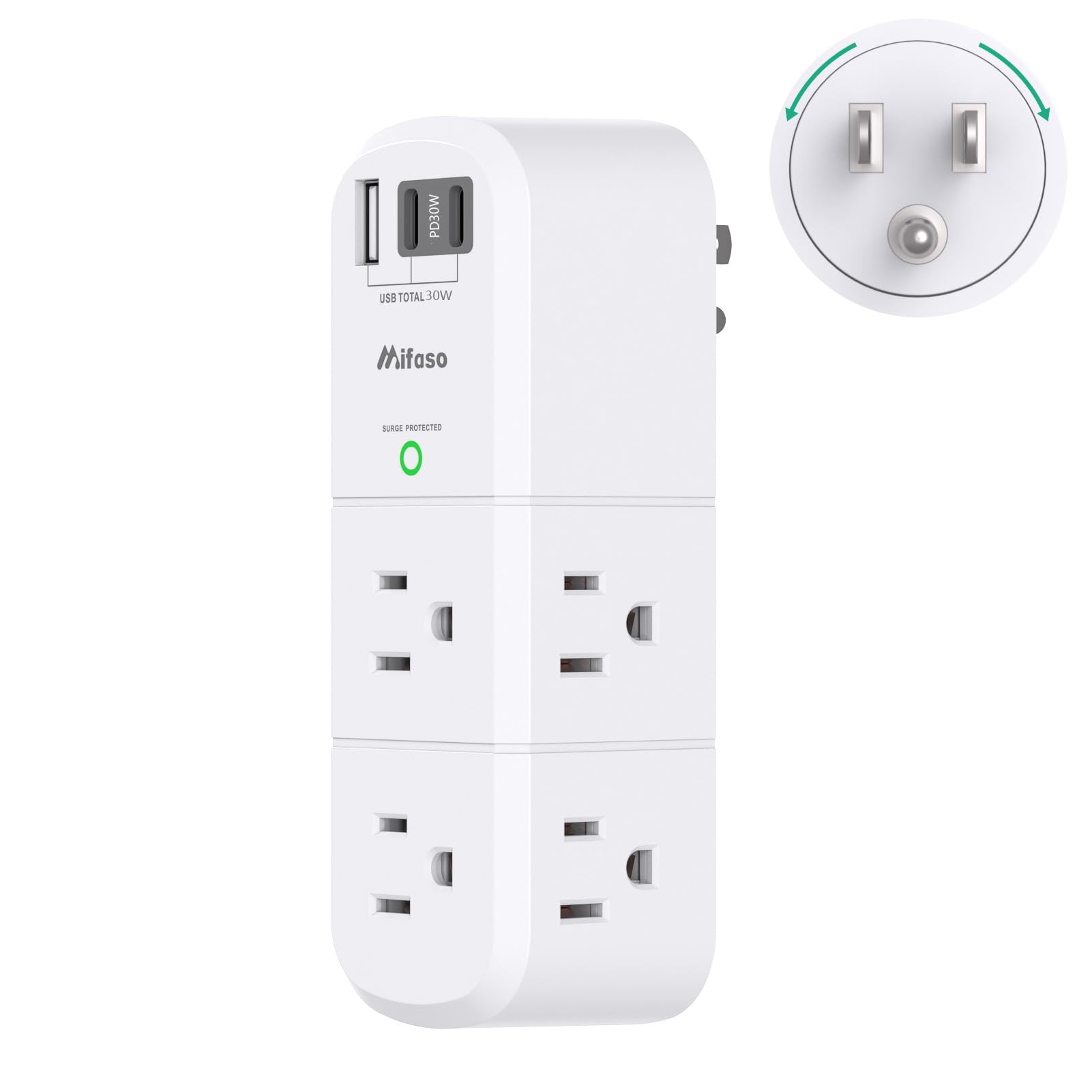 Outlet Extender with Rotating Plug, Mifaso Surge Protector 6 AC Multi Plug Wall Outlets and 3 USB Ports, 1800 Joules, 3-Sided Swivel Power Strip Spaced Splitter for Home, Travel, Dorm Room Essentials