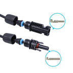 A pair of Renogy 20 ft 12 AWG Solar Panel Extension Cables featuring black MC4 male and female connectors, shown with close-up insets highlighting the internal metal pin and socket terminals, both pre-attached to cables against a white background—ideal for off-grid solar systems thanks to their UV and weather-resistant design.