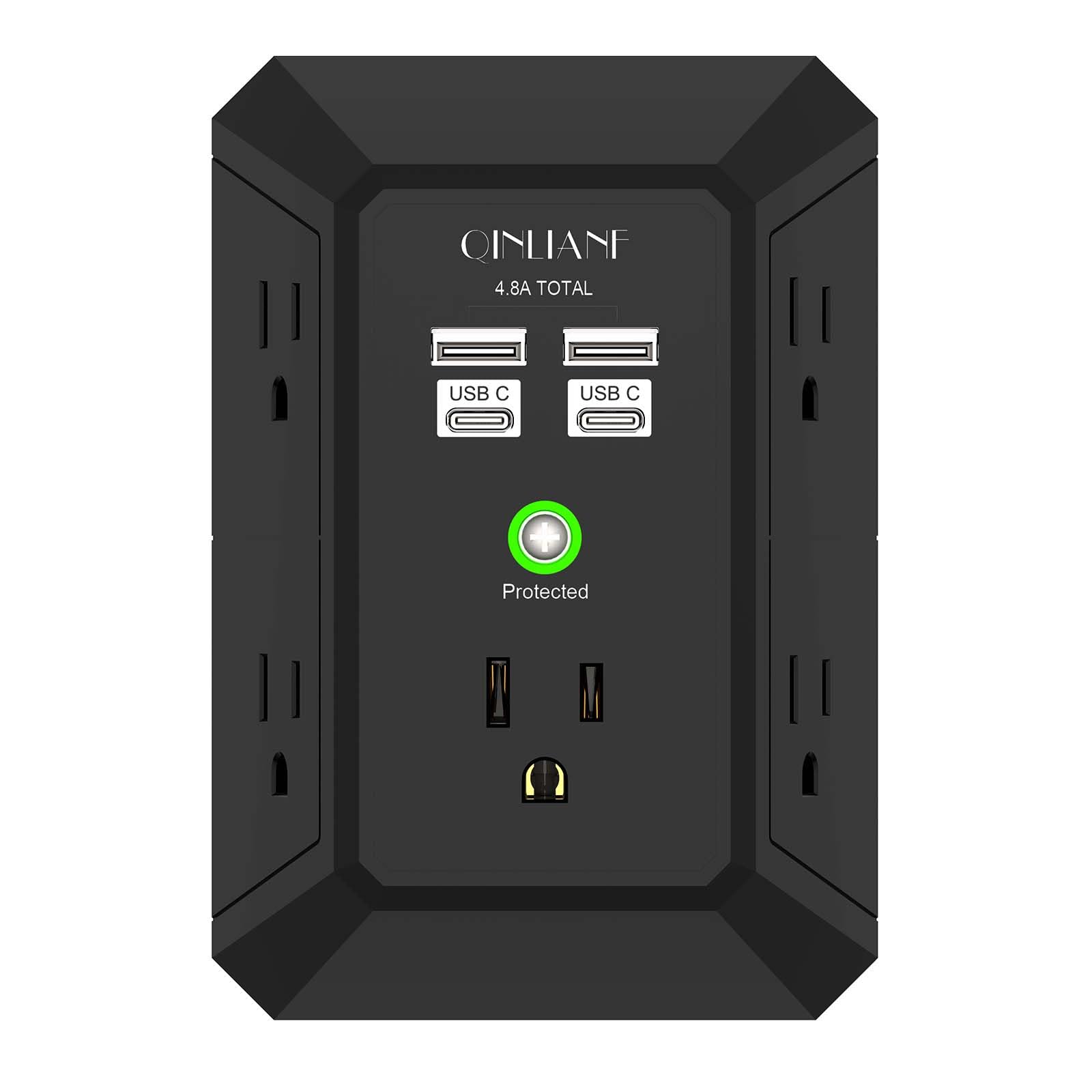 Wall Charger, Surge Protector, QINLIANF 5 Outlet Extender with 4 USB Charging Ports (4.8A Total) 3-Sided 1680J Power Strip Multi Plug Adapter Spaced for Home Travel Office (3U1C)