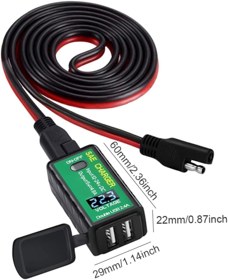 Dual USB Motorcycle & Marine Charger – 12V/24V Waterproof USB Power Outlet with Voltmeter & On/Off Switch, featuring an LED voltage display, protective cap for a waterproof charging outlet, long red and black cables, and dimensions of 60mm x 22mm x 29mm. ON/OFF switch is located on top.