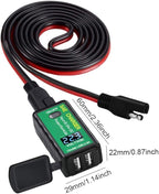 Dual USB Motorcycle & Marine Charger – 12V/24V Waterproof USB Power Outlet with Voltmeter & On/Off Switch, featuring an LED voltage display, protective cap for a waterproof charging outlet, long red and black cables, and dimensions of 60mm x 22mm x 29mm. ON/OFF switch is located on top.