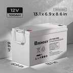 A rectangular Renogy 12V 100Ah Deep Cycle AGM Battery – Maintenance-Free Sealed Lead Acid Battery for RV, Marine, Solar & Off-Grid Power features a white casing with labeled dimensions of 13.1 x 6.9 x 8.6 inches. Designed for solar energy storage, this deep cycle battery displays detailed specifications and essential symbols printed on the side.