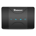The Renogy 12V 30A DC to DC Battery Charger with MPPT features a black design accented by four blue indicator icons on its front panel, allowing you to easily monitor and manage your solar power system. This advanced dual input smart charger supports both solar and alternator charging and is compatible with lithium, AGM, gel, and flooded batteries—ensuring efficient energy conversion and reliable performance for your setup.