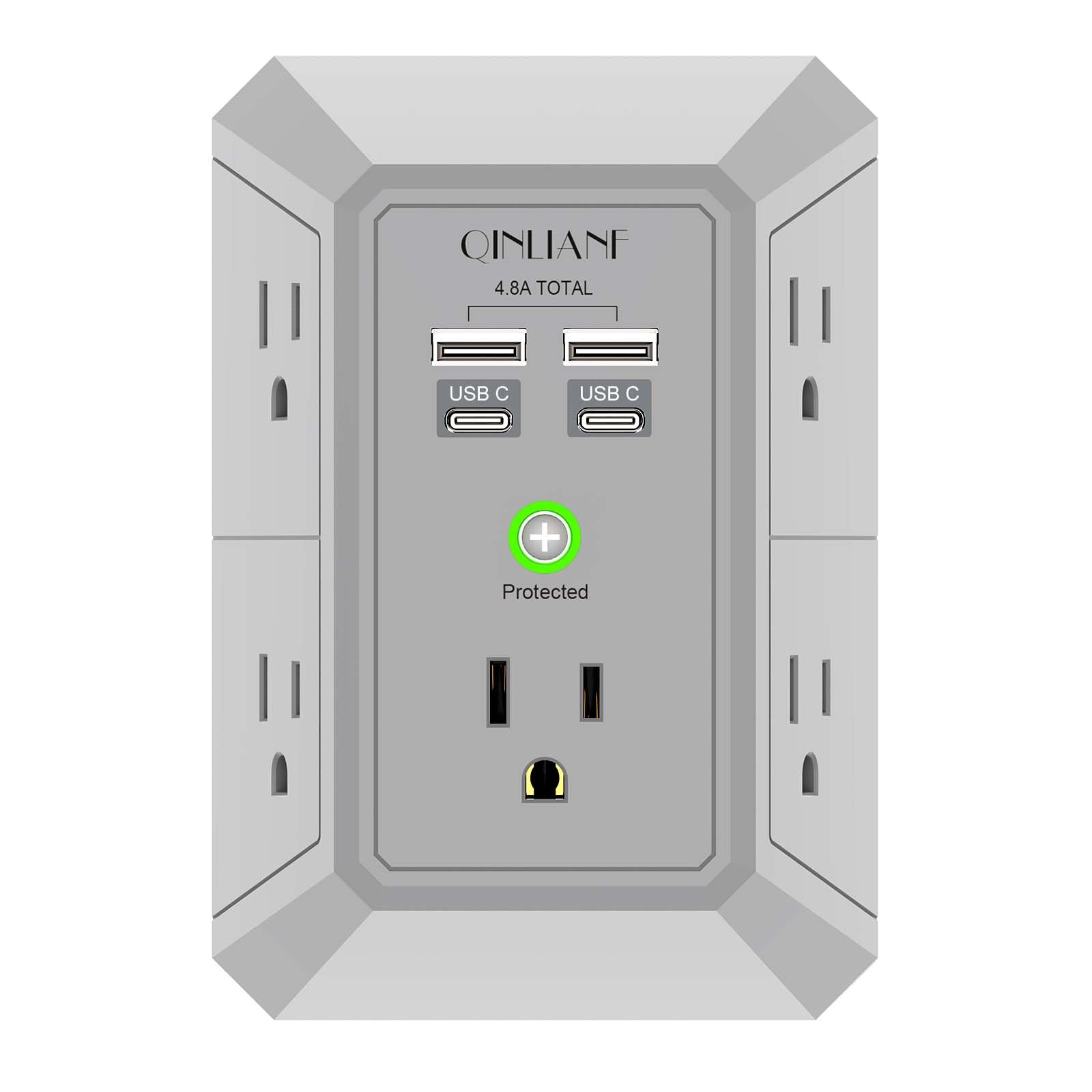 Wall Charger, Surge Protector, QINLIANF 5 Outlet Extender with 4 USB Charging Ports (4.8A Total) 3-Sided 1680J Power Strip Multi Plug Adapter Spaced for Home Travel Office (3U1C)