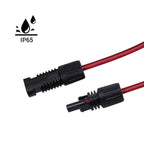 Two black Renogy 20 ft 12 AWG solar panel extension cables, each with MC4 male and female connectors, are shown unplugged and attached to red wires. The "IP65" label and water droplet icon highlight their dust- and weather-resistant, UV-protected design—making them ideal for off-grid solar systems.