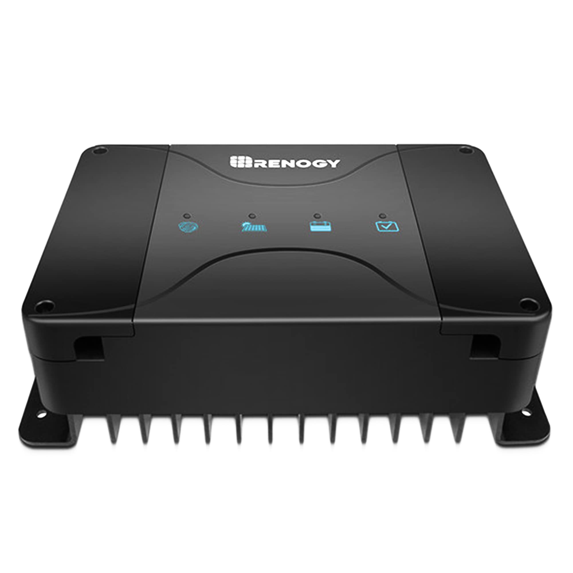A Renogy 12V 30A DC to DC Battery Charger with MPPT – Dual Input Solar & Alternator Smart Charger for Lithium, AGM, Gel & Flooded Batteries, in black, featuring indicator icons on the top surface, cooling fins on the bottom, and mounting flanges along each side, photographed on a white background.