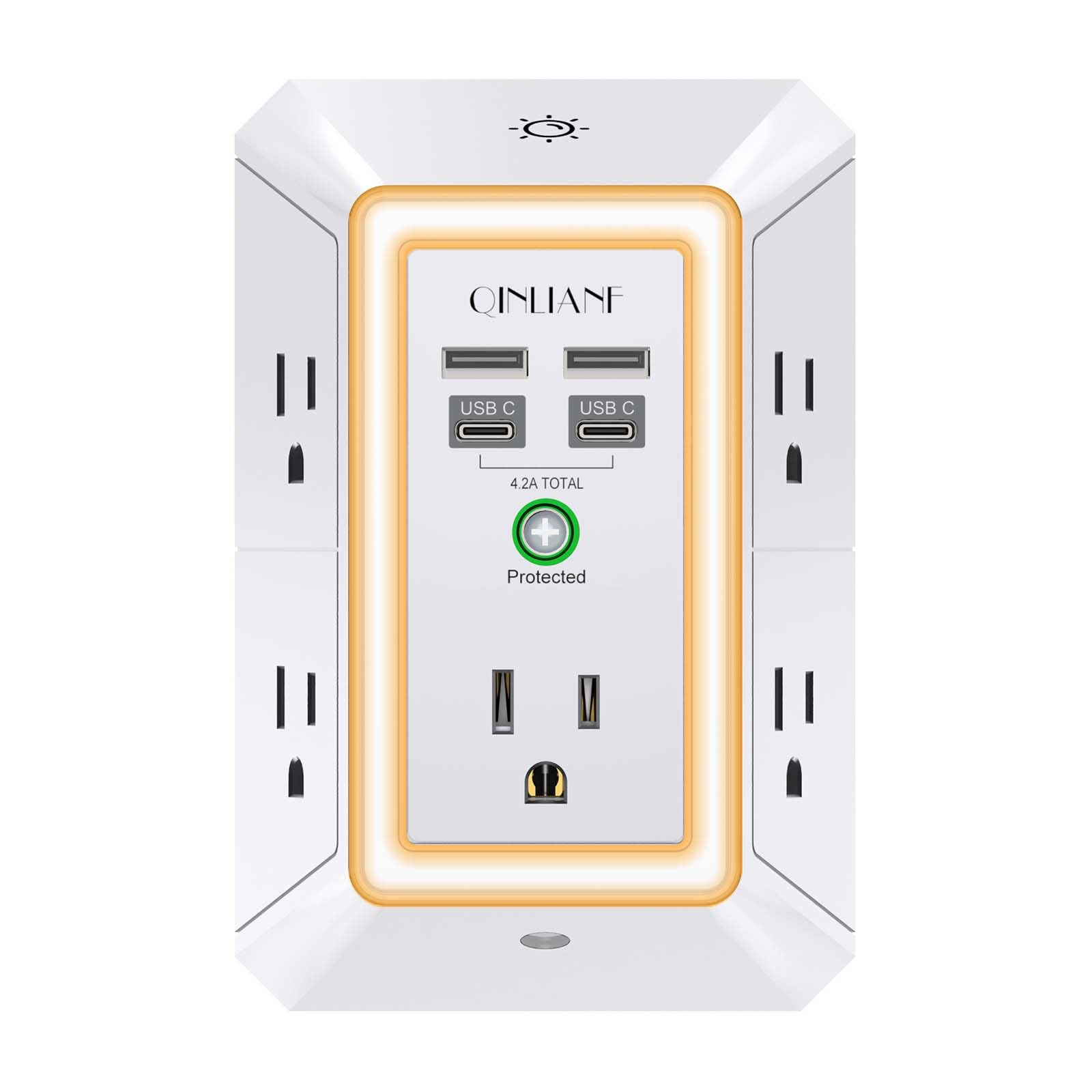 Wall Charger, Surge Protector, QINLIANF 5 Outlet Extender with 4 USB Charging Ports (4.8A Total) 3-Sided 1680J Power Strip Multi Plug Adapter Spaced for Home Travel Office (3U1C)