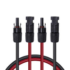 The Renogy 20 ft 12 AWG Solar Panel Extension Cable Set – featuring MC4 male and female connectors in red and black wires – is shown standing upright against a white background, making it ideal for use as an extension cable in off-grid solar systems thanks to its UV and weather-resistant design.