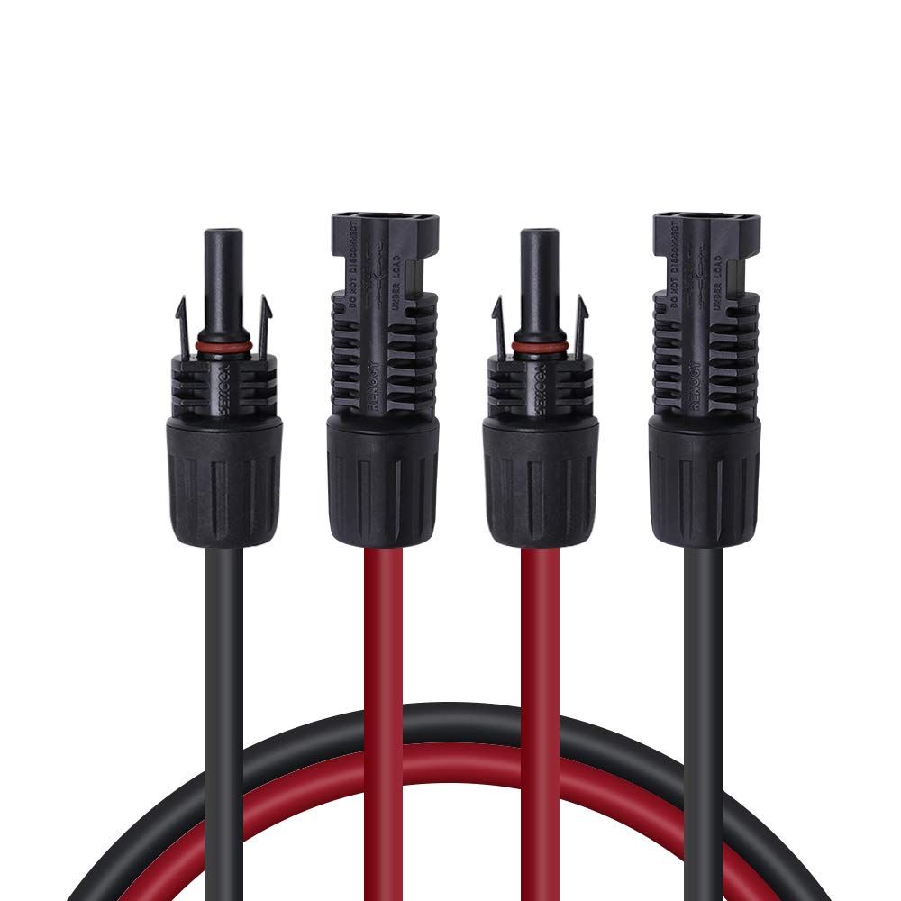 The Renogy 20 ft 12 AWG Solar Panel Extension Cable Set – featuring MC4 male and female connectors in red and black wires – is shown standing upright against a white background, making it ideal for use as an extension cable in off-grid solar systems thanks to its UV and weather-resistant design.