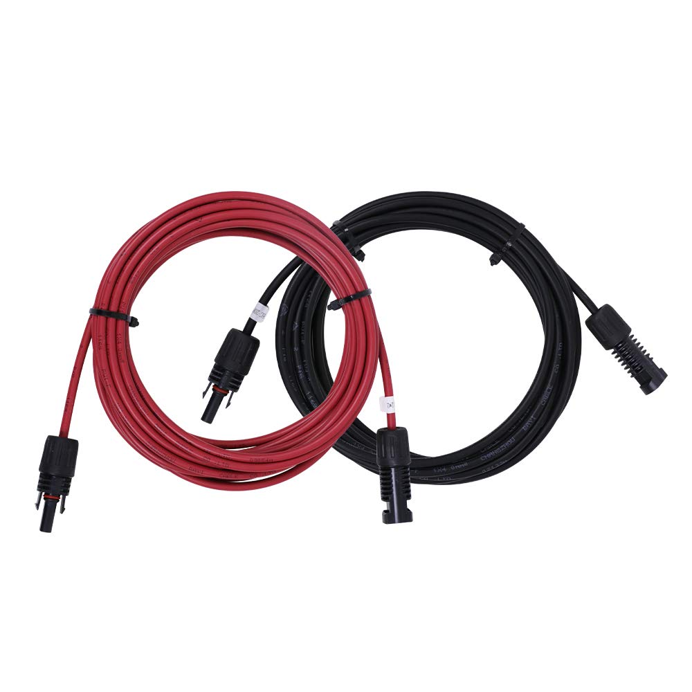 The Renogy 20 ft 12 AWG Solar Panel Extension Cable Set, featuring red and black cables with MC4 male and female connectors, is coiled side by side on a white background—perfect for securely connecting off-grid solar systems. These extension cables are UV and weather resistant for reliable outdoor use.