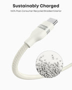 A white Anker USB-A to USB-C Cable (3 ft/6 ft, Upcycled-Braided) made with recycled materials and a 100% post-consumer recycled braided exterior is shown. Text reads “Sustainably Charged,” with an inset on durable upcycled material pellets.