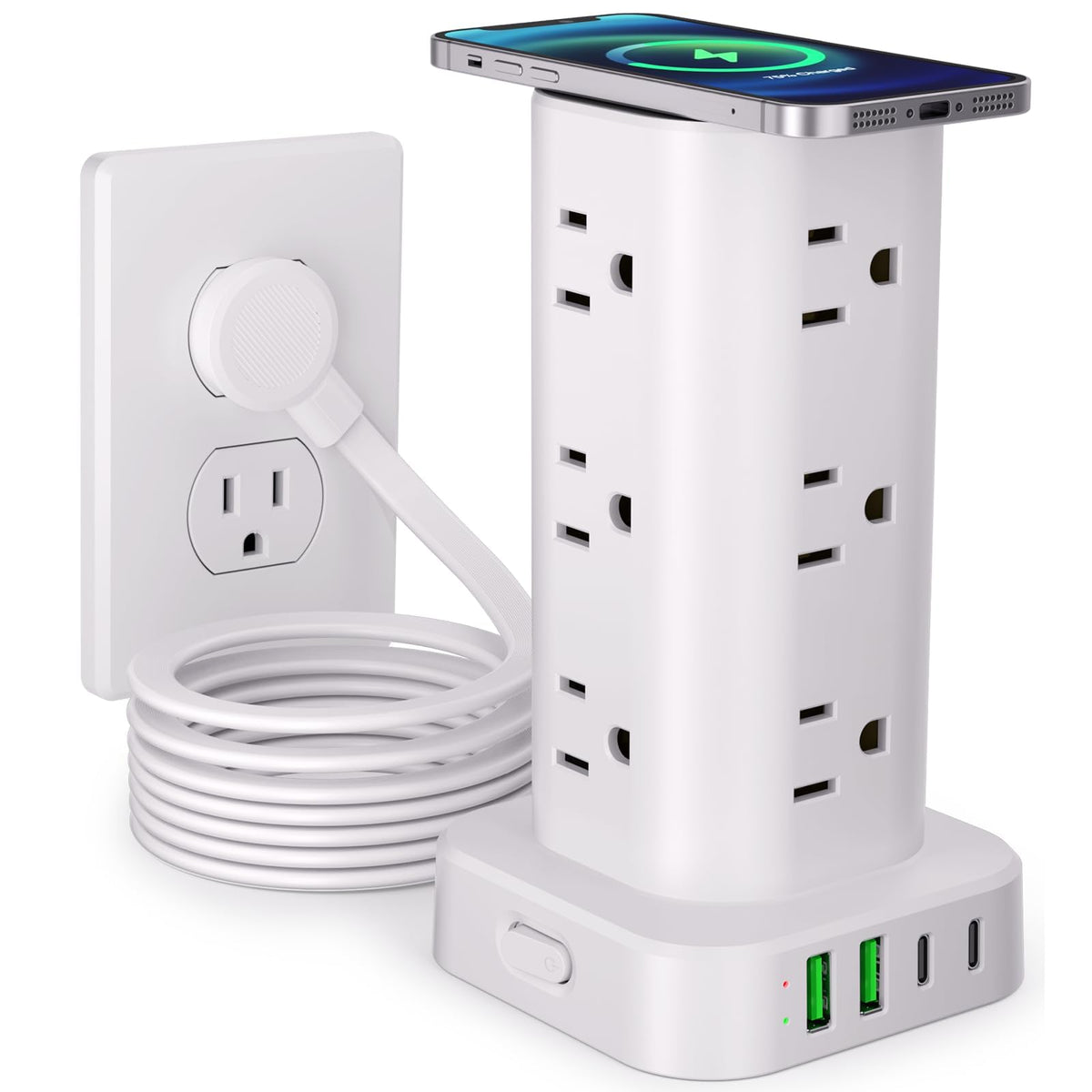 12-Outlet Power Strip Tower with 4 USB Ports & Optional 15W Wireless Charging