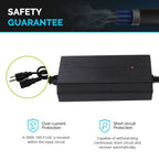 The Renogy Smart LiFePO₄ Battery Charger – 12V 20A / 24V 10A AC-to-DC Portable Charger with Alligator Clips & Ring Terminals is shown in black, featuring a dual-prong plug. Safety highlights include over-current protection via a 250V 10A fuse and short circuit protection. Blue and black wires are visible at the top, demonstrating its efficient compatibility as a LiFePO₄ battery charger that utilizes advanced three-stage charging to ensure optimal battery health.