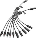 Eight BougeRV 1-to-5 Solar Y Branch Connector Cable Kits – MC4 Compatible Parallel PV Adapters (IP67 Waterproof, 30A 1000V) with Y-shaped splitters are arranged in a fan shape on a white background. Each cable features MC4 solar connectors on both ends and helpful labels near the splitter, allowing for efficient parallel connection of up to five solar panels.