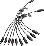Eight BougeRV 1-to-5 Solar Y Branch Connector Cable Kits – MC4 Compatible Parallel PV Adapters (IP67 Waterproof, 30A 1000V) with Y-shaped splitters are arranged in a fan shape on a white background. Each cable features MC4 solar connectors on both ends and helpful labels near the splitter, allowing for efficient parallel connection of up to five solar panels.