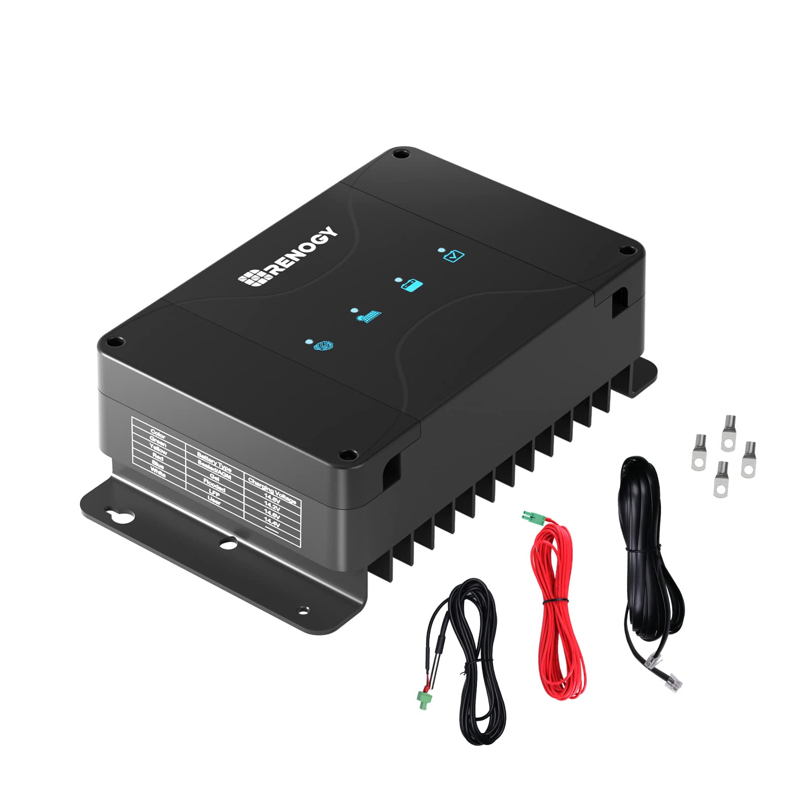 A Renogy 12V 30A DC to DC Battery Charger with MPPT – Dual Input Solar & Alternator Smart Charger for Lithium, AGM, Gel & Flooded Batteries is displayed in black with intuitive display icons, accompanied by included cables and four metal connectors on a white background.