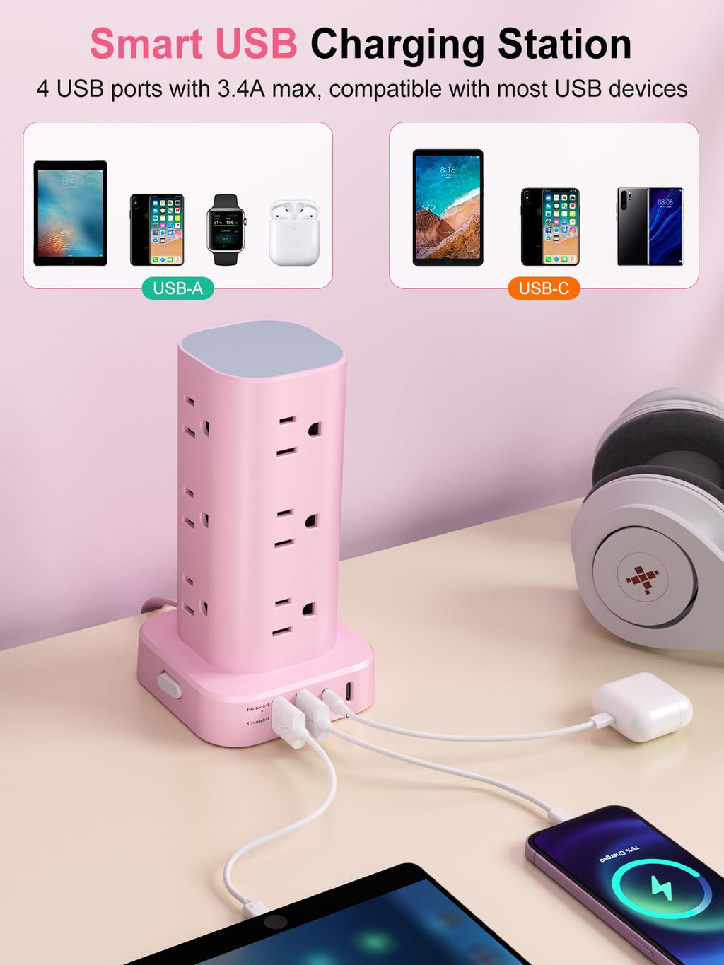 12-Outlet Power Strip Tower with 4 USB Ports & Optional 15W Wireless Charging