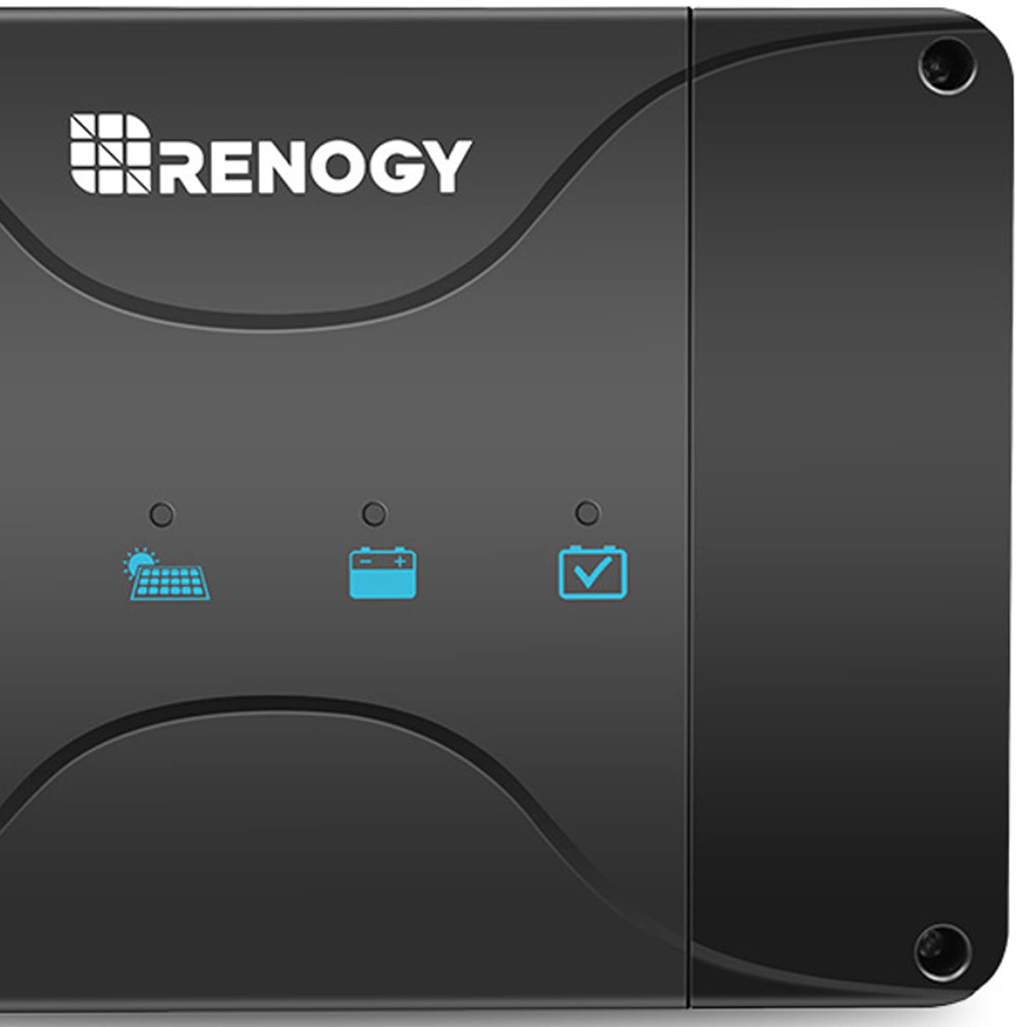 A Renogy 12V 30A DC to DC Battery Charger with MPPT, featuring a black design with three blue indicator icons for solar panel, battery, and status, and the Renogy logo at the top left.
