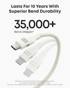 Three white Anker USB-A to USB-C Cables (3 ft/6 ft, Upcycled-Braided) are shown bent at various angles. Text above states: “Lasts For 10 Years With Superior Bend Durability. 35,000+ Bend Lifespan.” Built to endure.