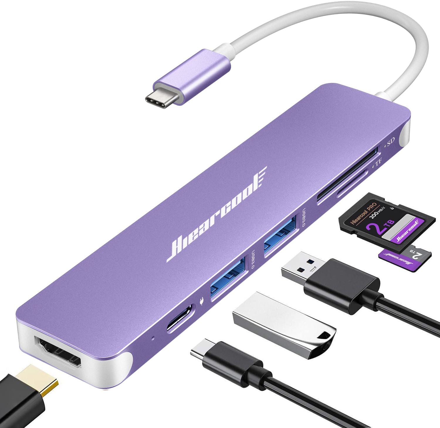 Hiearcool USB C Hub for MacBook – 7-in-1 USBC Adapter with 4K HDMI, 100W PD, USB 3.0 5Gbps Ports, SD/TF Card Reader – USB-C Dongle for Office, Meetings, Travel & Home Setup-Space Grey