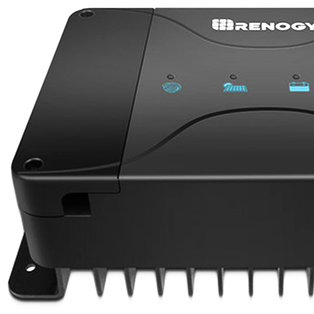 Close-up of a black Renogy 12V 30A DC to DC Battery Charger with MPPT – Dual Input Solar & Alternator Smart Charger for Lithium, AGM, Gel & Flooded Batteries, featuring three indicator icons on the front panel and cooling fins at the bottom.