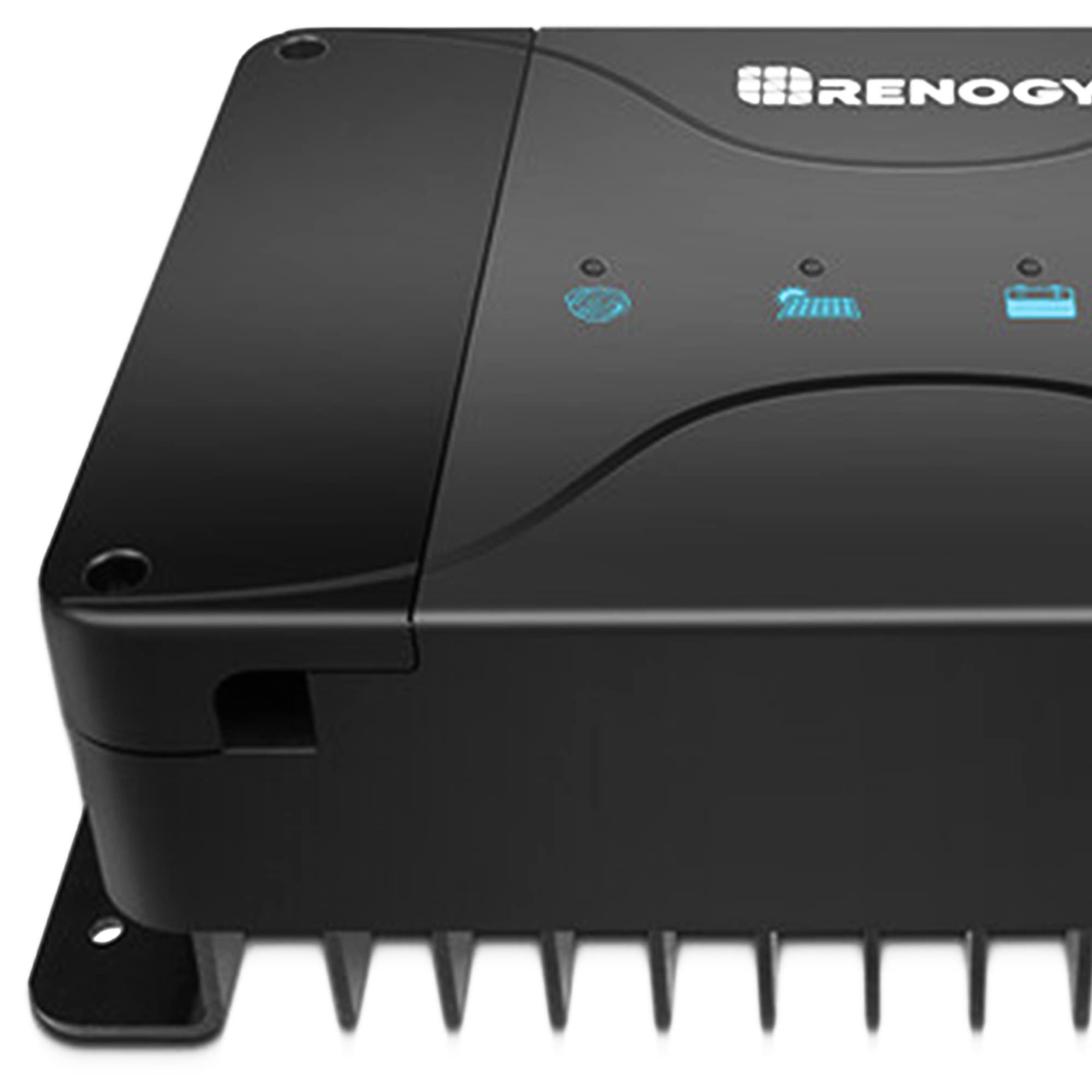 Close-up of a black Renogy 12V 30A DC to DC Battery Charger with MPPT – Dual Input Solar & Alternator Smart Charger for Lithium, AGM, Gel & Flooded Batteries, featuring three indicator icons on the front panel and cooling fins at the bottom.