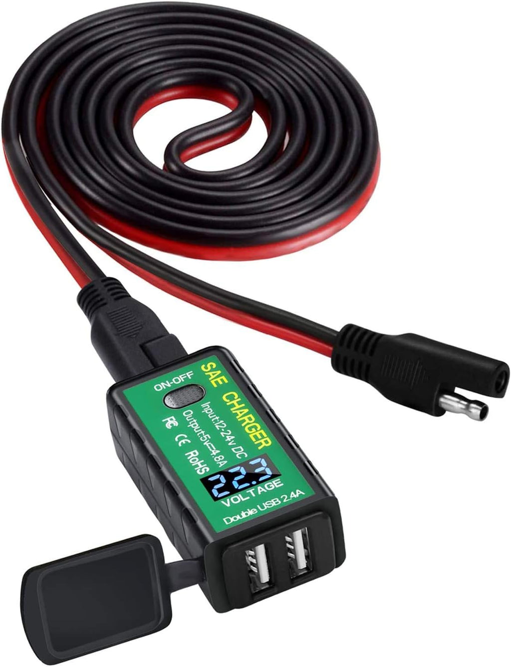 Here’s the sentence rewritten using your product data: The Dual USB Motorcycle & Marine Charger – a 12V/24V waterproof USB power outlet – features a coiled black and red SAE charger cable with built-in voltmeter, on/off switch, and dual USB ports labeled “Double USB 2.4A.” For added durability, its charging outlets are protected by a weatherproof cap.