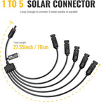Here's the rewritten sentence using the provided product data: Diagram of the BougeRV 1-to-5 Solar Y Branch Connector Cable Kit – an MC4 compatible parallel PV adapter that is IP67 waterproof and supports up to 30A at 1000V. The cable measures 27.55 inches (70 cm) in length, featuring one MC4 input and five MC4 outputs for securely connecting multiple solar panels in parallel. This connector kit is ideal for efficiently joining five solar panels together.