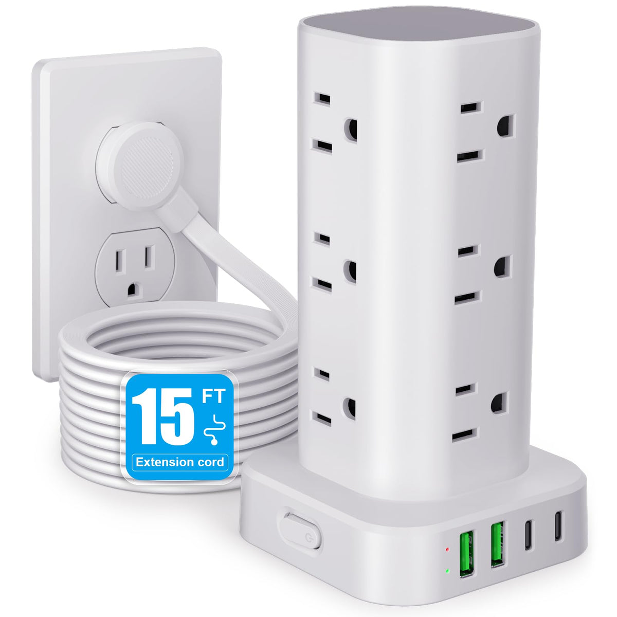 12-Outlet Power Strip Tower with 4 USB Ports & Optional 15W Wireless Charging