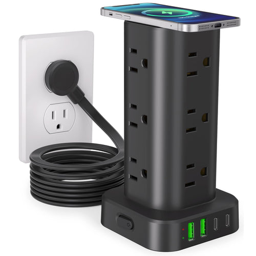 12-Outlet Power Strip Tower with 4 USB Ports & Optional 15W Wireless Charging