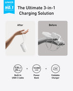 A comparison image shows a hand holding the compact Anker Power Bank (10K, Fusion, Built-In Cable) labeled “After,” and a tangled set of cables with a power bank labeled “Before.” Text highlights fast charging, USB-C cable, 10,000mAh power bank, and foldable charger.