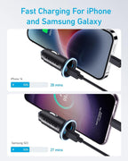 Two images show the Anker 323 Car Charger (52.5 W) charging an iPhone 14 and Samsung S23, each at 50% battery. Fast charge times are displayed: 28 minutes for the iPhone 14, and 27 minutes for the Samsung S23.
