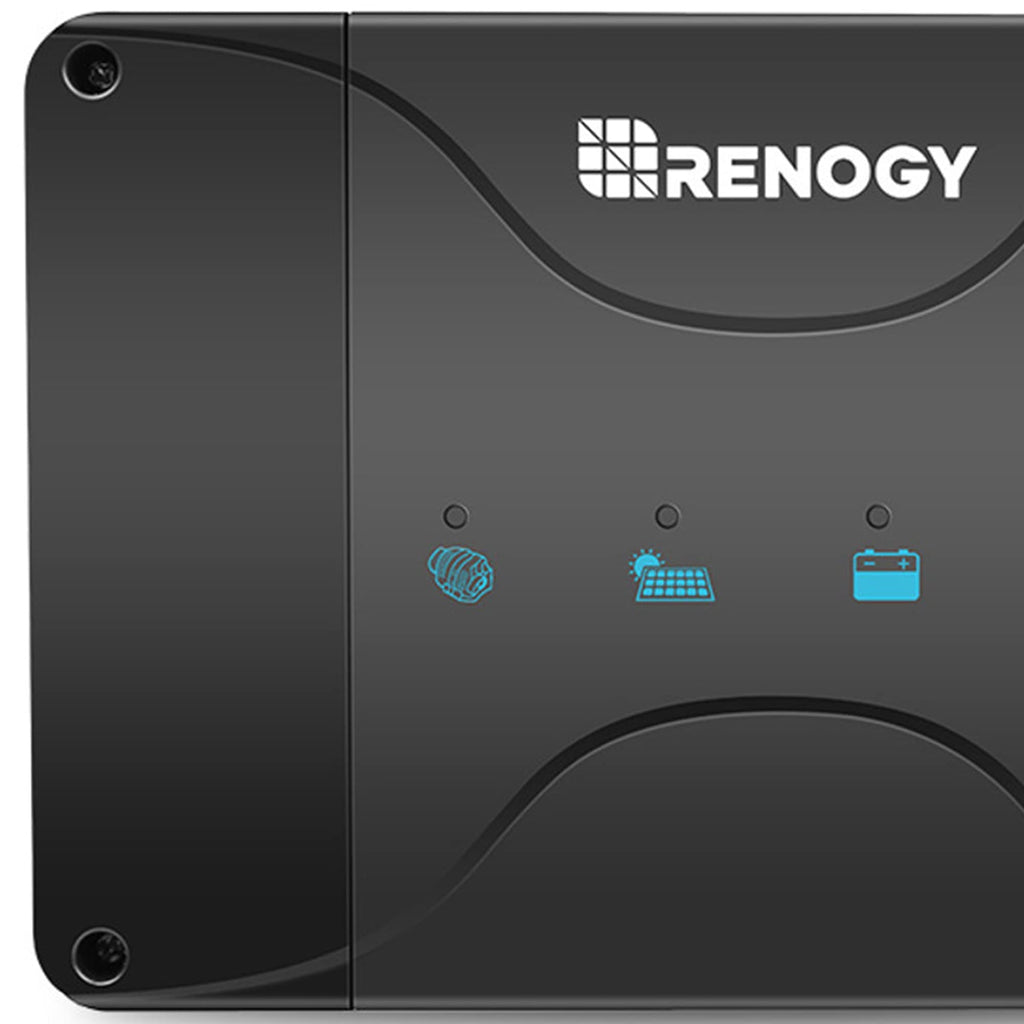 Close-up of a black Renogy 12V 30A DC to DC Battery Charger with MPPT – Dual Input Solar & Alternator Smart Charger, featuring three indicator icons for battery, solar panel, and battery bank, with the Renogy logo displayed at the top right.