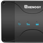 Close-up of a black Renogy 12V 30A DC to DC Battery Charger with MPPT – Dual Input Solar & Alternator Smart Charger, featuring three indicator icons for battery, solar panel, and battery bank, with the Renogy logo displayed at the top right.