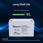 A Renogy 12V 100Ah Deep Cycle AGM Battery – Maintenance-Free Sealed Lead Acid Battery for RV, Marine, Solar & Off-Grid Power is shown with the text: “Long Shelf Life.” Below, it notes that this deep cycle battery retains 97% of its charge after one month without use, making it ideal for solar energy storage. A tip recommends fully charging the battery every three months.