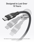 The Anker USB-C to USB-C Cable (3 ft/6 ft, 240W, Upcycled-Braided) is shown bending with a "30,000+ Bend Lifespan" label and "Designed to Last Over 10 Years" at the top. Note: Based on internal lab testing.