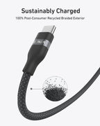 Anker USB-C to USB-C Cable (3 ft/6 ft, 240W, Upcycled-Braided) features a braided exterior made from 100% post-consumer recycled materials—sustainably charged and labeled "ANKER," with a close-up of the eco-friendly fibers.